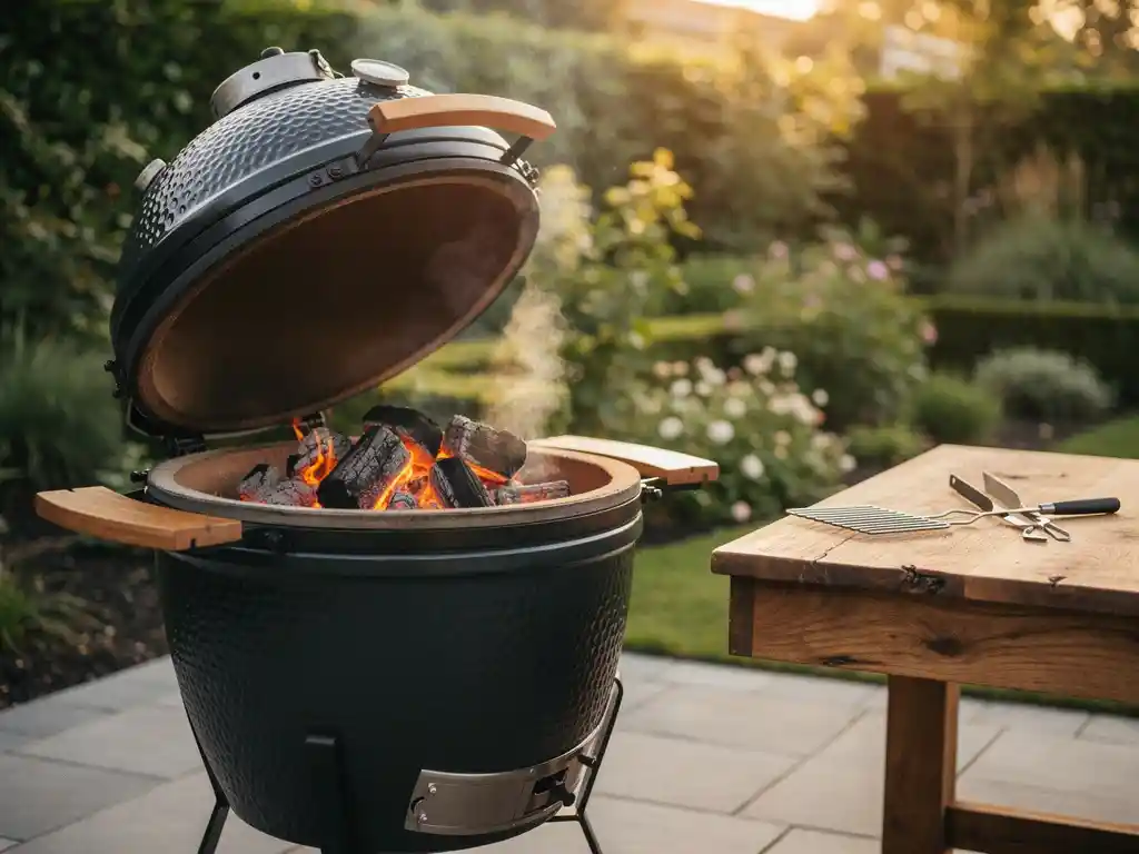 Geöffneter Keramik-Kamado-Grill mit glühender Holzkohle auf einer Terrasse, rustikale Holzarbeitsfläche daneben, üppiger Garten im Hintergrund.