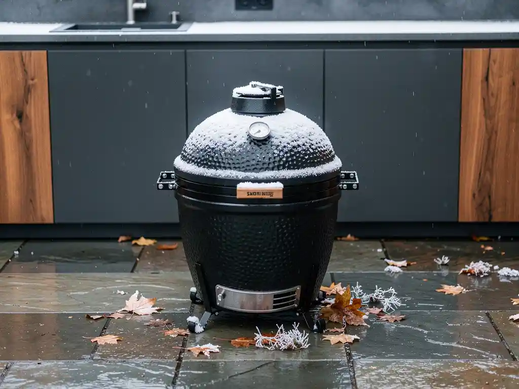 Keramik-Kamado-Grill mit Schnee auf dem Deckel auf nassem Steinpatio im Winter, umgeben von Outdoor-Küche aus Stahl und Holz.