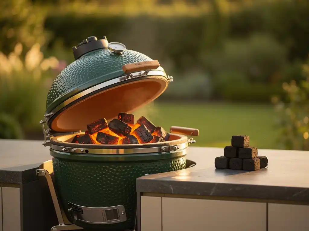 Keramik-Kamado-Grill mit glühenden Holzkohleembers, Briketts daneben auf Outdoor-Küchentheke, Garten im Hintergrund, goldenes Abendlicht.