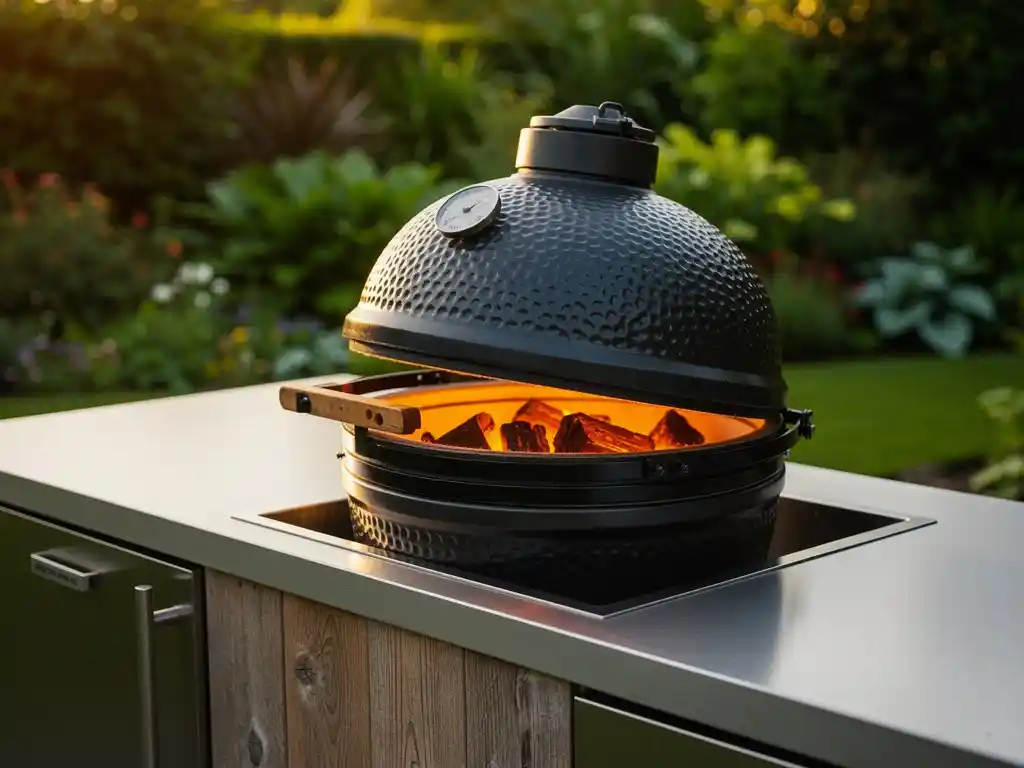 Keramische kamado barbecue gloeiend met houtskoolgloed op een buitenkeuken van staal en verweerd hout in middagzon.