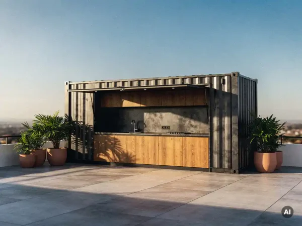 Stalen en houten containerombouw als buitenkeuken op modern terras, omgeven door groen, in warm middagzonlicht.
