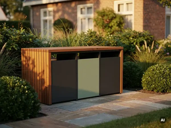 Houten en stalen containerberging in Nederlandse tuin met natuurstenen bestrating, omgeven door weelderig groen.