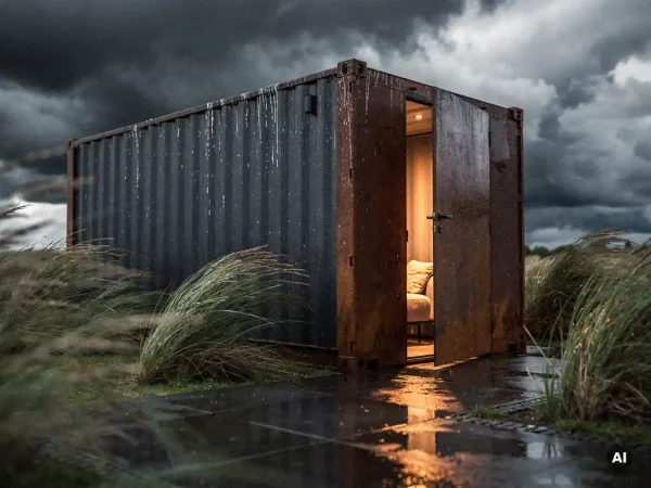 Cortenstalen containerverbouwing op regenachtig Nederlands terras met stormwolken, warm interieurlicht door open deur.