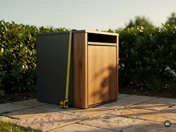 Holz-Stahl-Mülltonnenbox im gepflegten Garten mit Natursteinpflaster, Maßband angelehnt, warmes Nachmittagslicht.