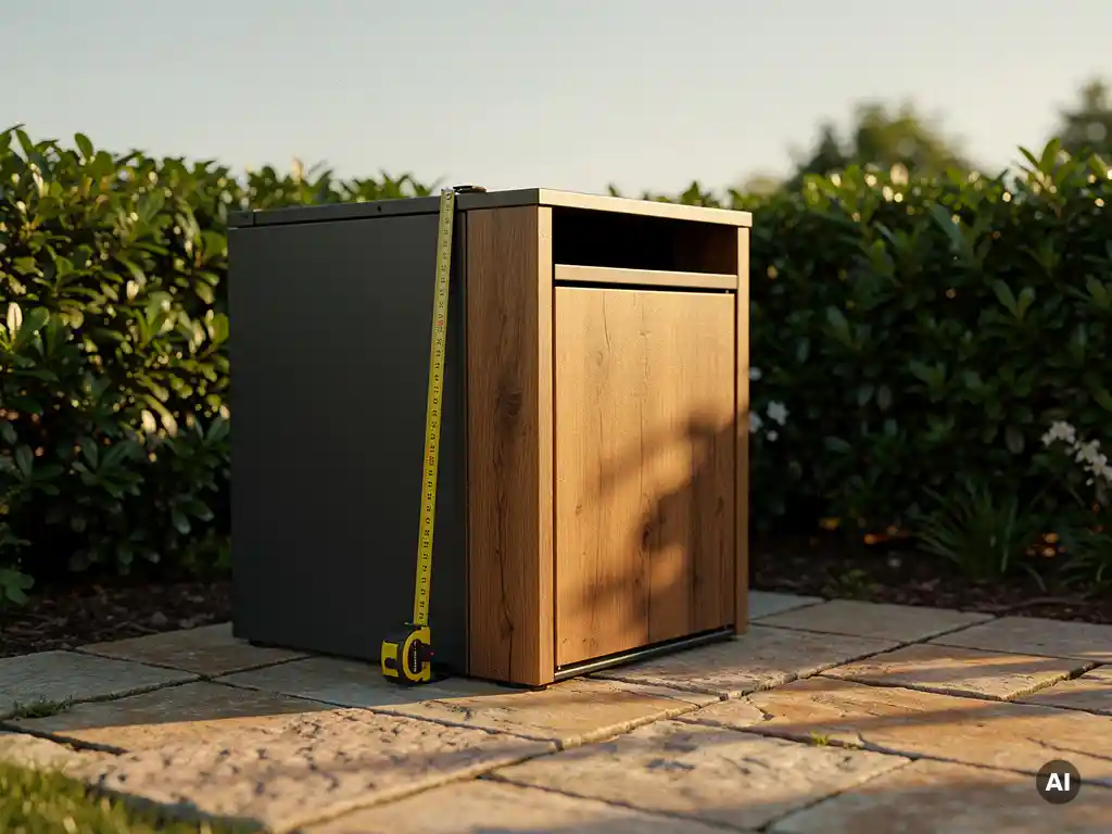 Holz-Stahl-Mülltonnenbox im gepflegten Garten mit Natursteinpflaster, Maßband angelehnt, warmes Nachmittagslicht.