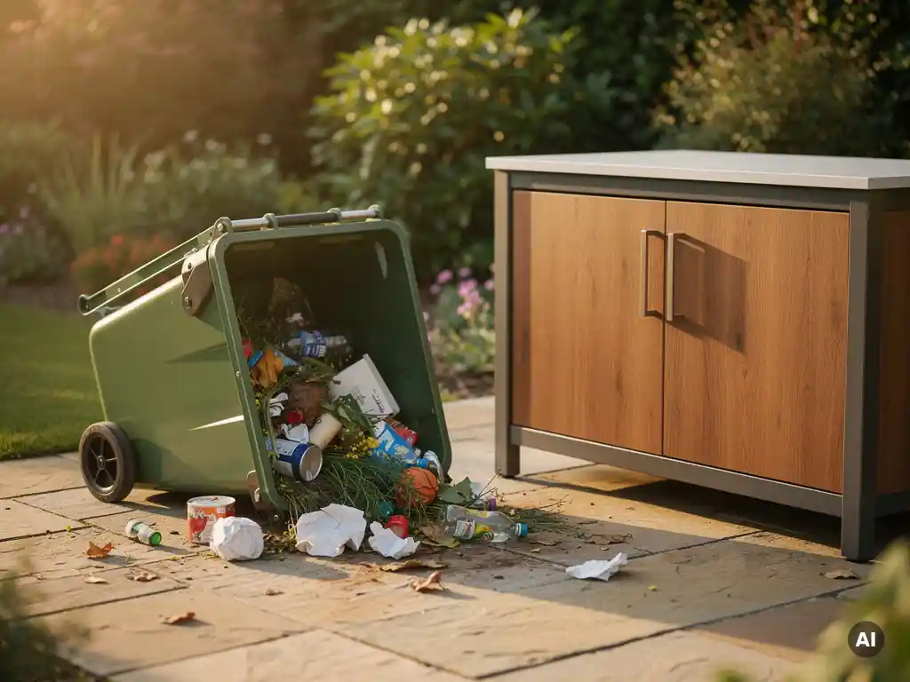 Umgekippte Mülltonne mit verstreutem Abfall auf einer Steinpatio neben einem hochwertigen Outdoor-Küchenschrank aus Holz und Stahl.