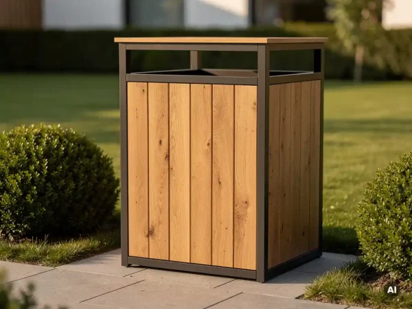 Elegantes Mülltonnenhaus aus Holz und Stahl in gepflegtem Garten mit gestutzten Hecken im Hintergrund.