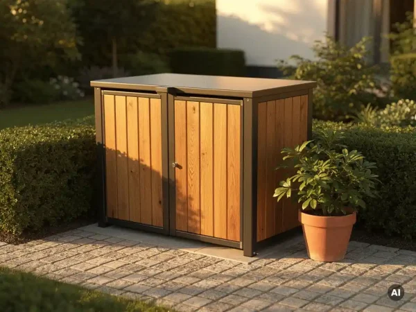 Holz-Stahl-Mülltonnenbox in einem gepflegten Vorgarten mit Kopfsteinpflaster, umgeben von gestutzten Hecken und einem Topfpflanze daneben.
