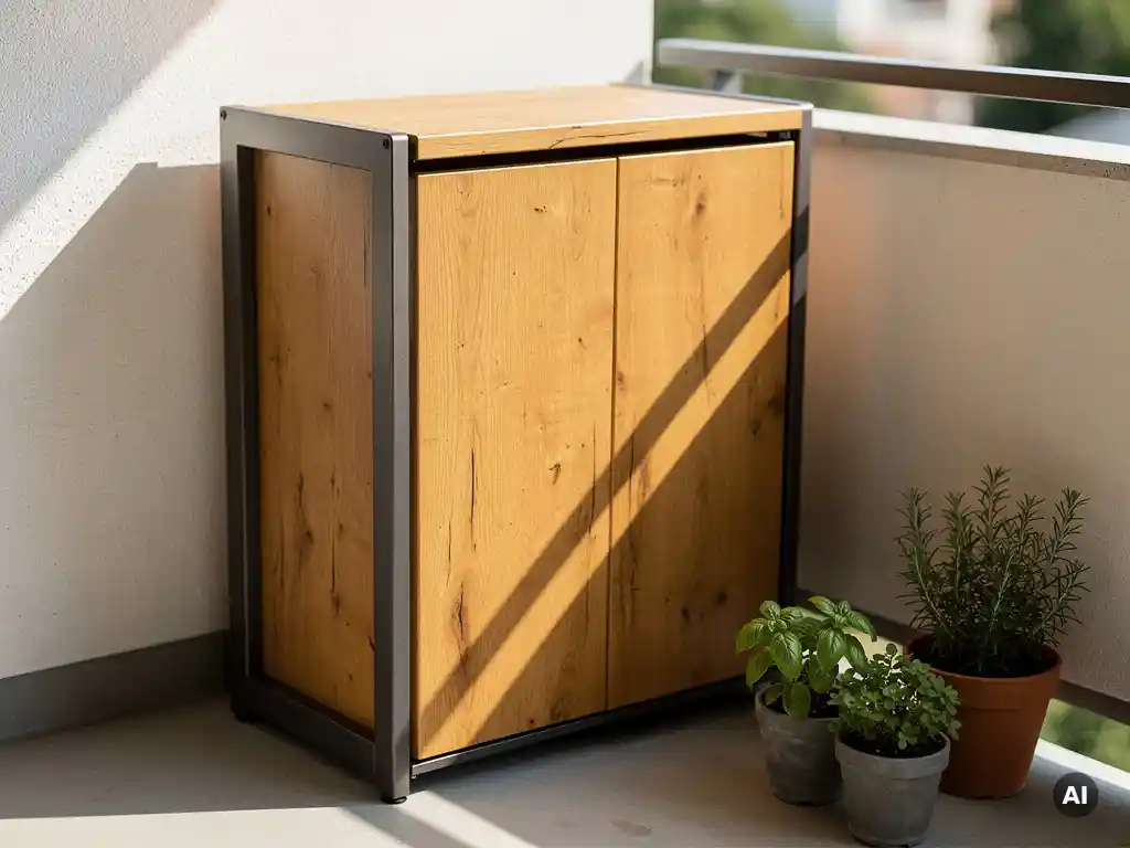 Stilvolle Mülleimer-Verkleidung aus Holz und Stahl auf einem sonnigen Balkon mit Kräutertöpfen im Hintergrund.