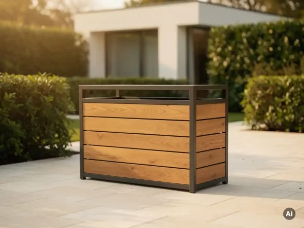 Moderne Mülltonnenbox aus Eichenholz und Anthrazit-Stahl in gepflegtem Gartenterrasse mit grüner Hecke und Hausfassade.