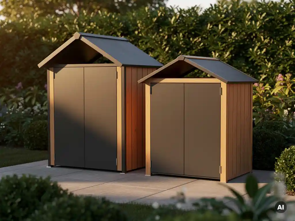 Elegante Mülltonnenbox aus Stahl und Holz mit Schiebetüren neben einem hausförmigen Mülltonnenhaus auf gepflegter Gartenterrasse.