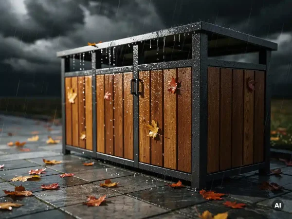 Stahl-Holz-Mülltonnenbox im Freien bei starkem Regen, nasse Herbstblätter auf Steinpflaster, dramatische Seitenbeleuchtung.