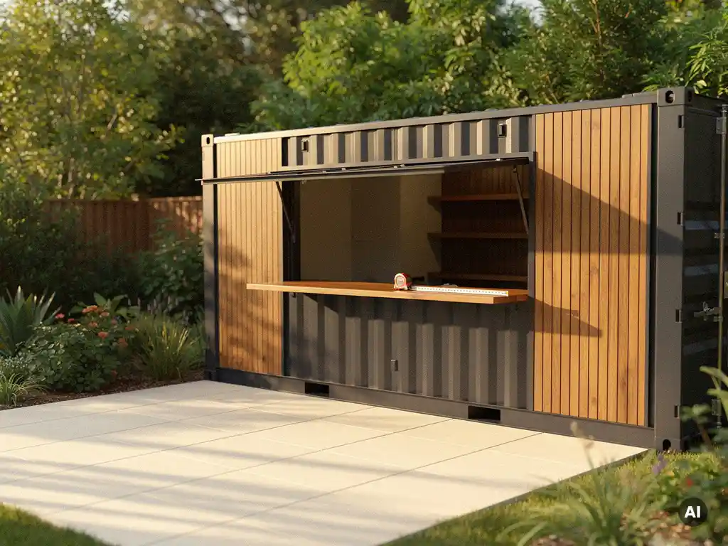 Stalen containerombouw met eiken werkblad tegen tuinschutting, omgeven door crèmekleurige betontegels in warm middagzonlicht.