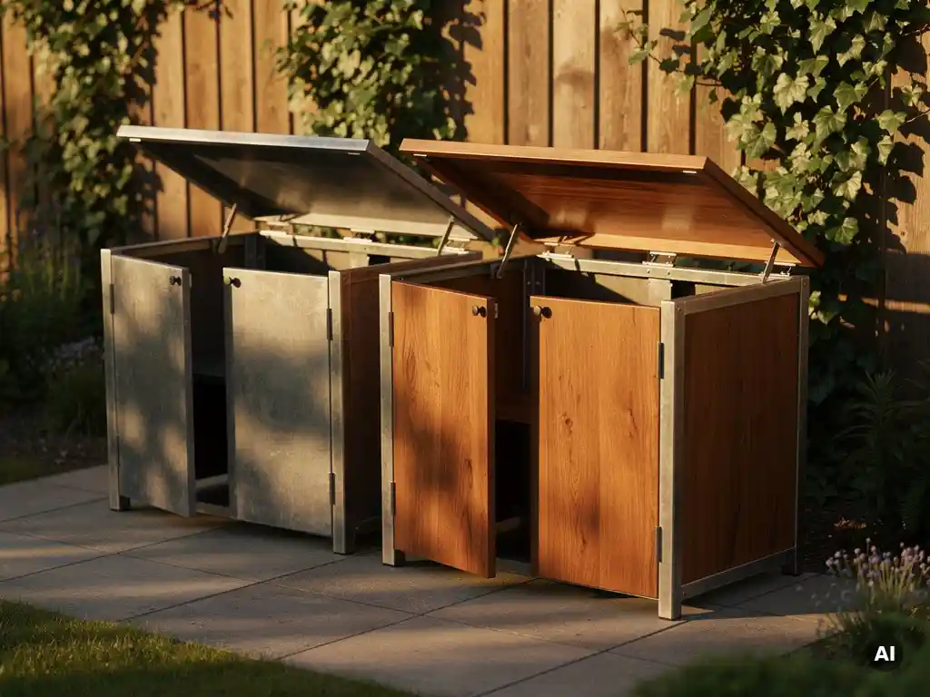 Verweerde stalen afvalbakombouw naast een geoliede hardhouten variant op een zonnig tuinterras, beide halfopen met klimop op de achtergrond.